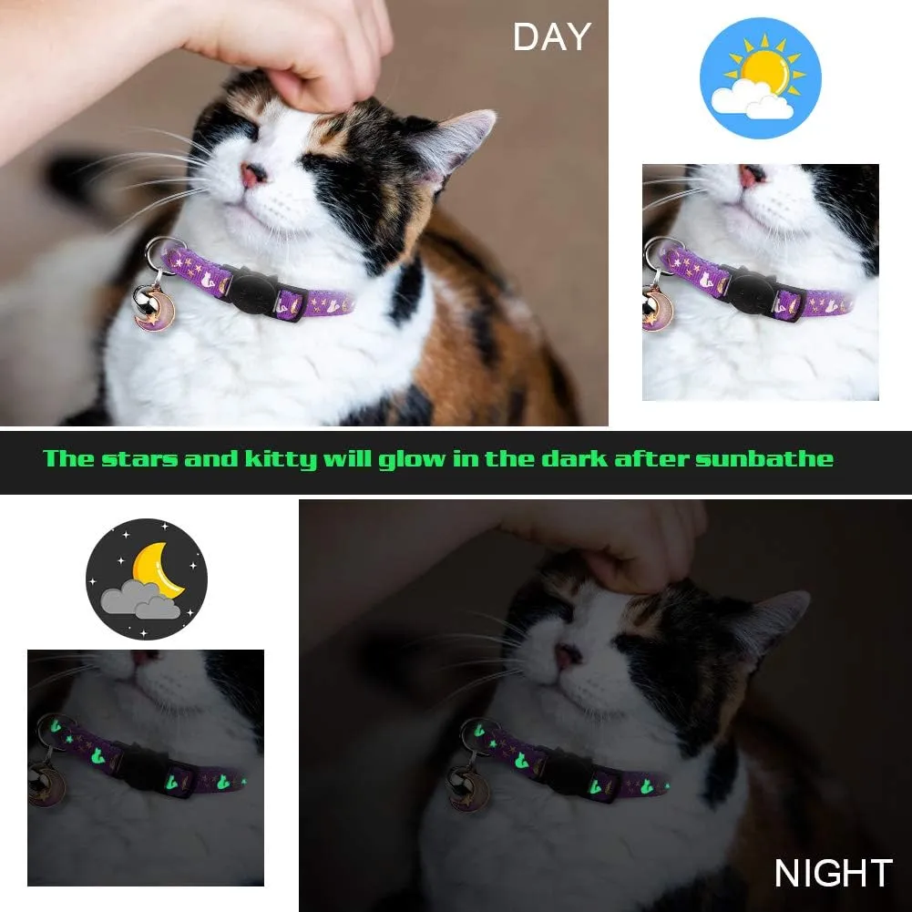 2PCS Breakaway Cat Collars with Bell Moons Stars Cute Kitty Adjustable Safe Kitten Collars with Pendant Glow in The Dark(Purple&Pink)