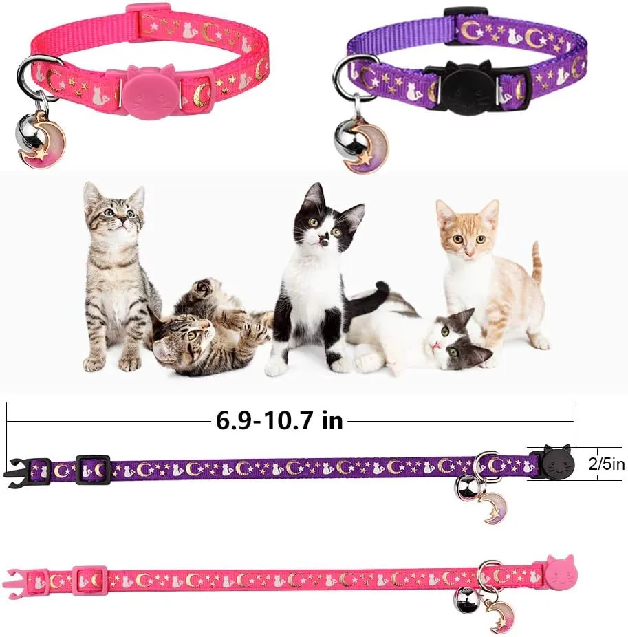 2PCS Breakaway Cat Collars with Bell Moons Stars Cute Kitty Adjustable Safe Kitten Collars with Pendant Glow in The Dark(Purple&Pink)
