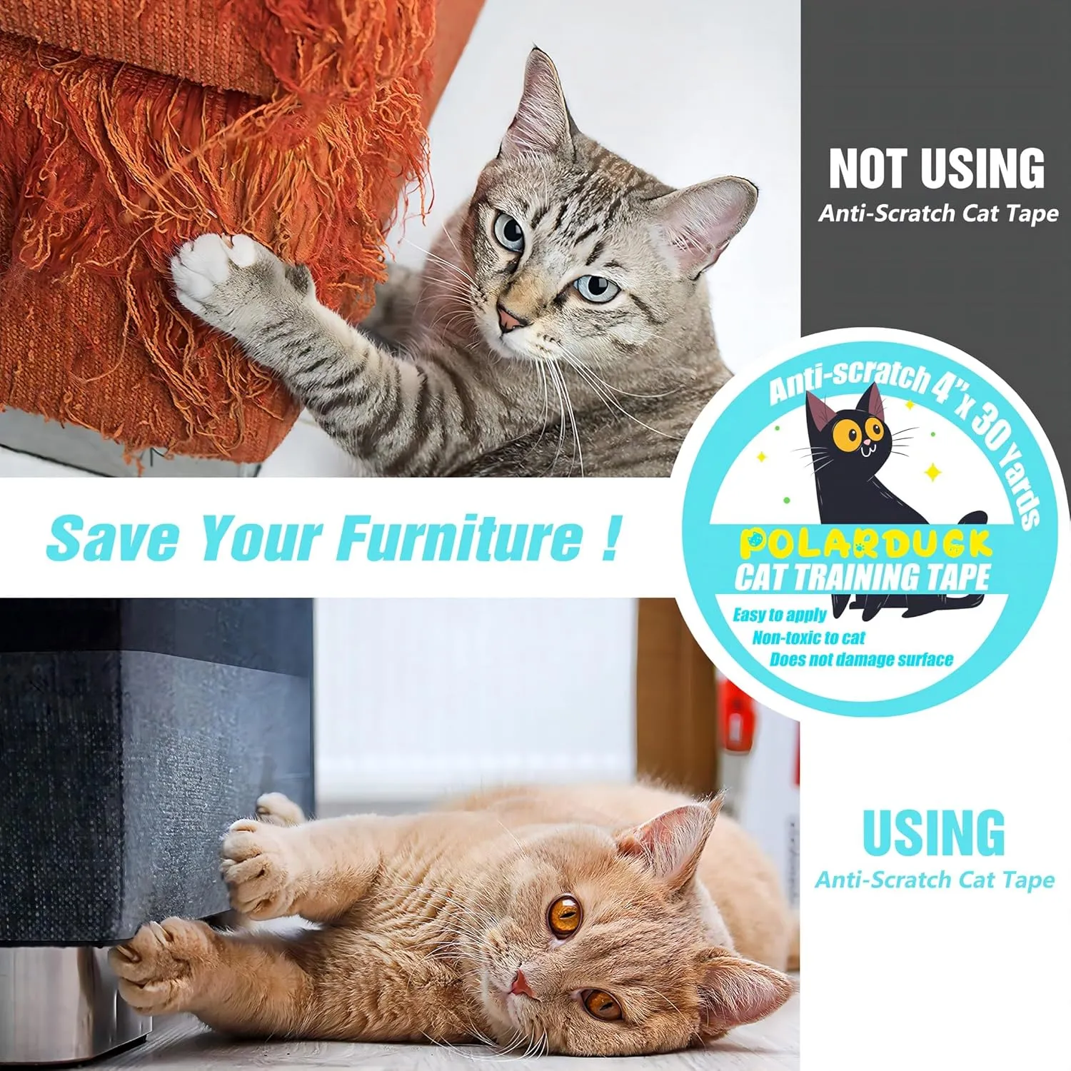 Anti Cat Scratch Tape: 4 inches x 30 Yards Cat Training Tape 100% Transparent Clear Double Sided Cat Scratch Deterrent Tape Furniture Protector for Couch, Carpet, Doors, Pet & Kid Safe