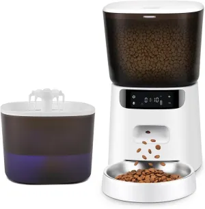 Automatic Cat Feeder and Water Fountain, 4L/16 Cups Automatic Cat Food Dispenser,10s Meal Call and Timer Setting 20 Portions 6 Meals Per Day,Pet Feeder for and Dog Black (White)