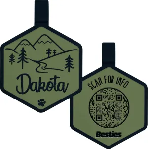 Besties Pets QR Code Mountain Adventure Customized Silicone Pet ID Name Tags for Collars - Silent and Jingle Fast from California- Custom Designs for Dogs and Cats - Personalized - Laser Engraved