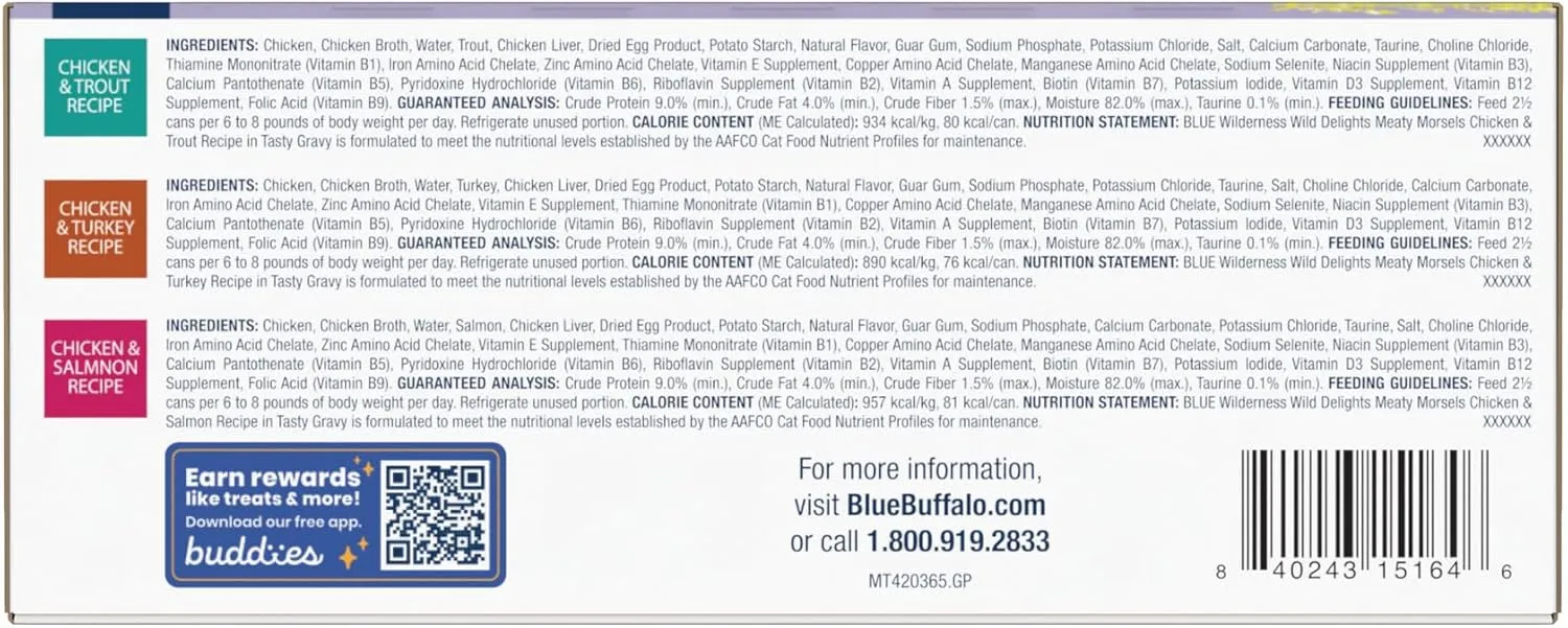 Blue Buffalo Wilderness Wild Delights High Protein Grain Free, Natural Adult Meaty Morsels Wet Cat Food, Chicken & Turkey, Trout & Salmon 3-oz cans (12 count - 4 of Each Flavor)