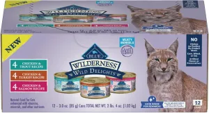 Blue Buffalo Wilderness Wild Delights High Protein Grain Free, Natural Adult Meaty Morsels Wet Cat Food, Chicken & Turkey, Trout & Salmon 3-oz cans (12 count - 4 of Each Flavor)