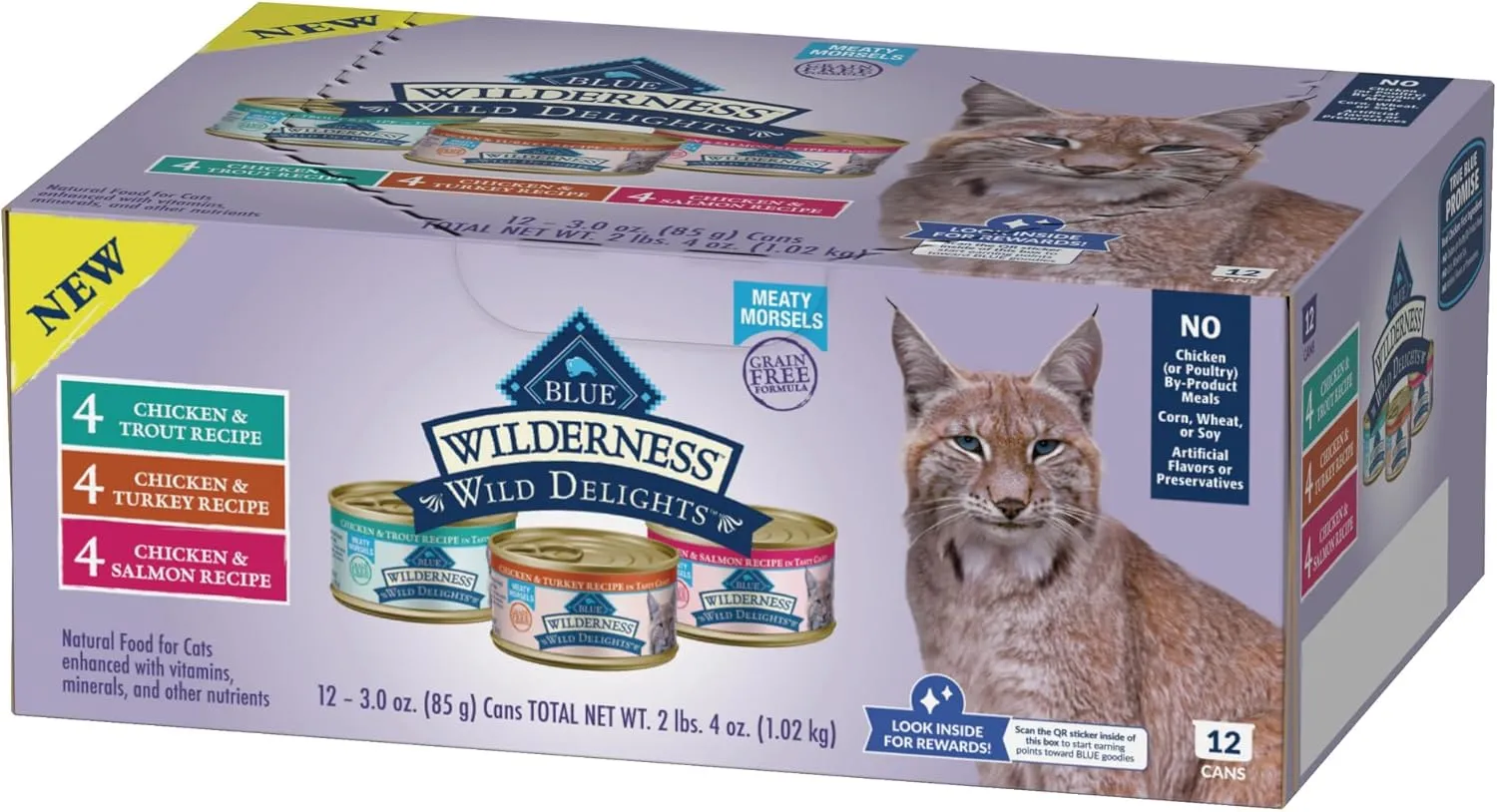 Blue Buffalo Wilderness Wild Delights High Protein Grain Free, Natural Adult Meaty Morsels Wet Cat Food, Chicken & Turkey, Trout & Salmon 3-oz cans (12 count - 4 of Each Flavor)