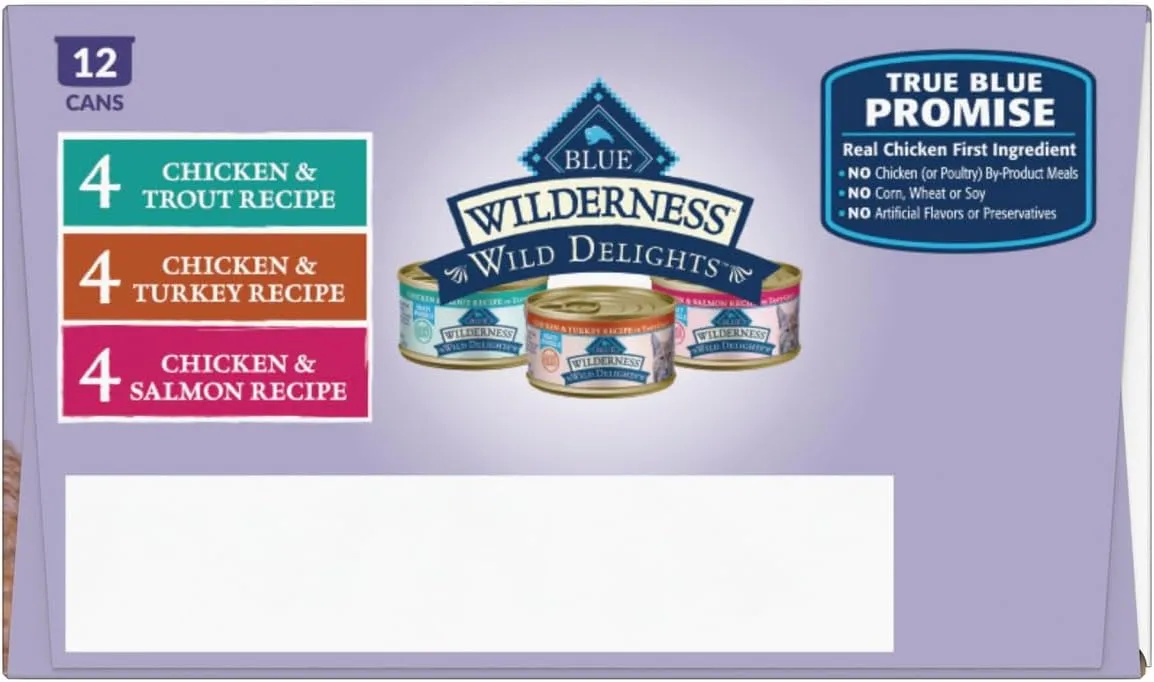 Blue Buffalo Wilderness Wild Delights High Protein Grain Free, Natural Adult Meaty Morsels Wet Cat Food, Chicken & Turkey, Trout & Salmon 3-oz cans (12 count - 4 of Each Flavor)