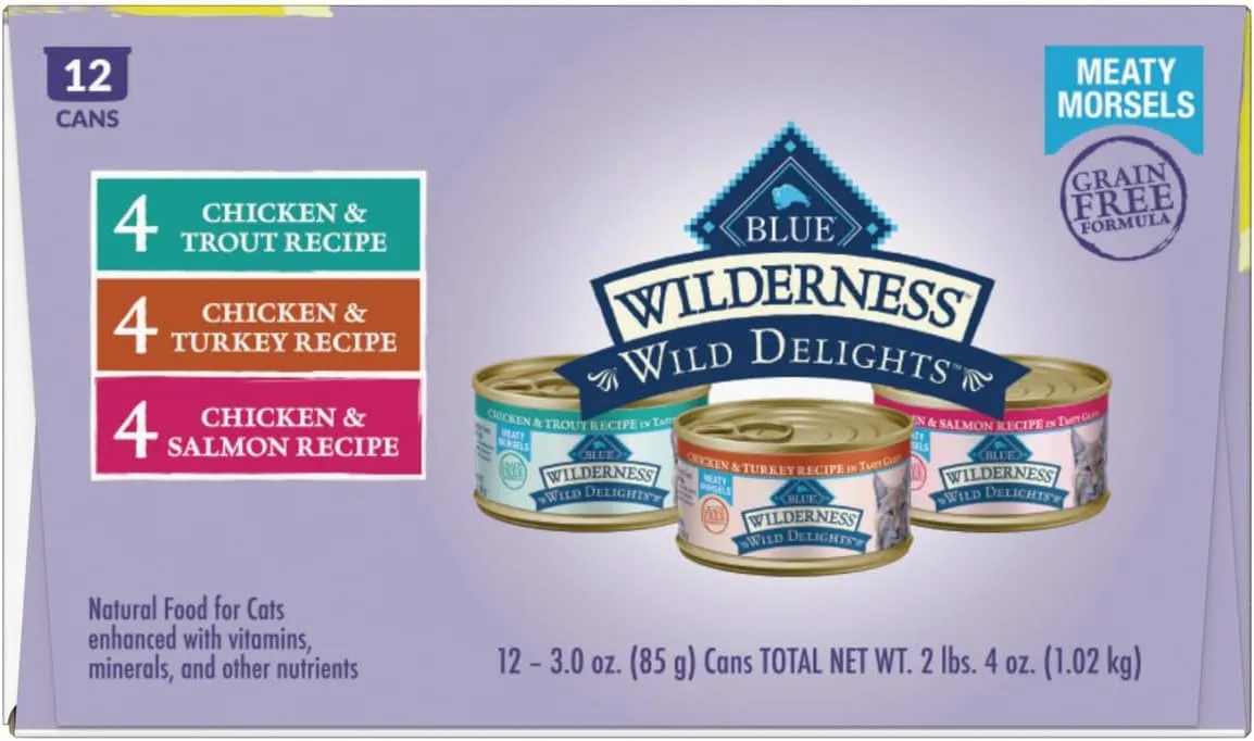 Blue Buffalo Wilderness Wild Delights High Protein Grain Free, Natural Adult Meaty Morsels Wet Cat Food, Chicken & Turkey, Trout & Salmon 3-oz cans (12 count - 4 of Each Flavor)
