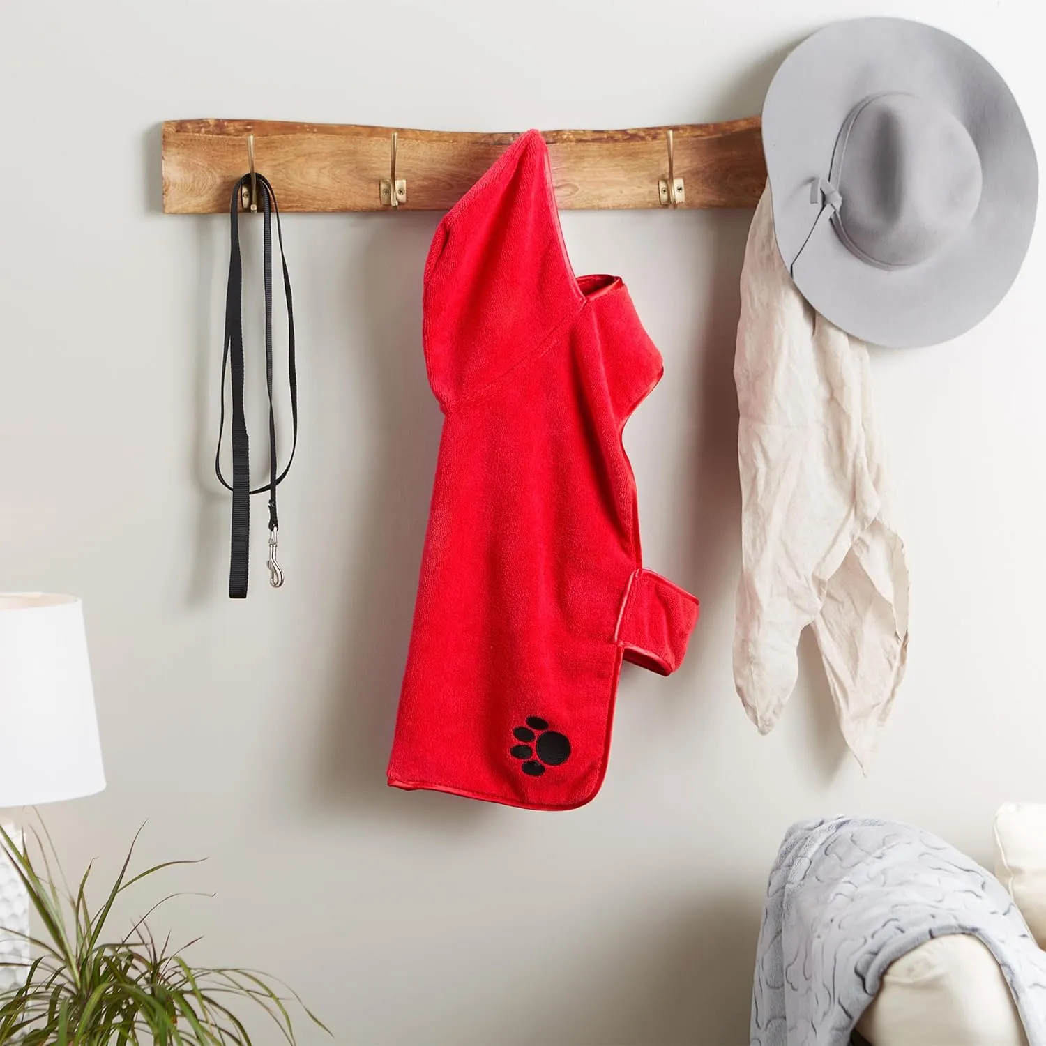 Bone Dry Pet Robe Collection Embroidered Absorbent Microfiber Bath Robe with Adjustable Closure, for Dogs & Cats, Large, Red
