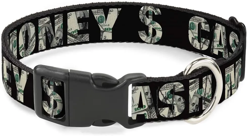 Buckle-Down Plastic Clip Collar - CASH MONEY $ Black/Dollars - 1/2" Wide - Fits 9-15" Neck - Large