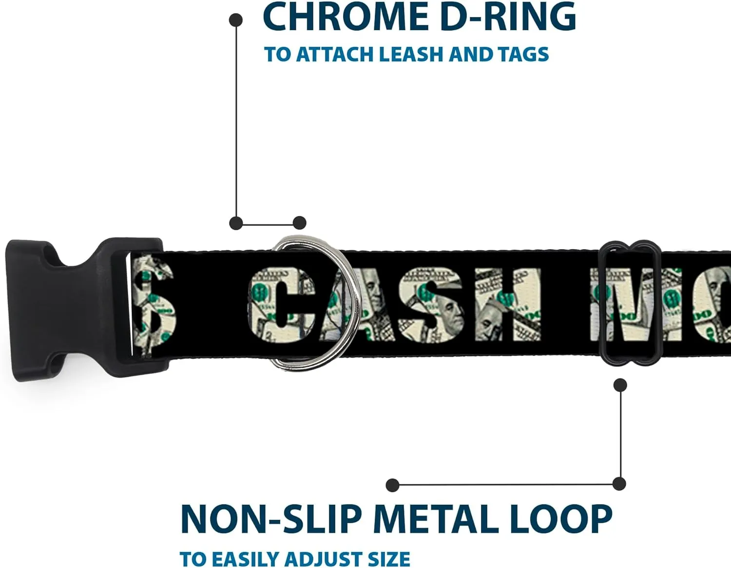 Buckle-Down Plastic Clip Collar - CASH MONEY $ Black/Dollars - 1/2" Wide - Fits 9-15" Neck - Large