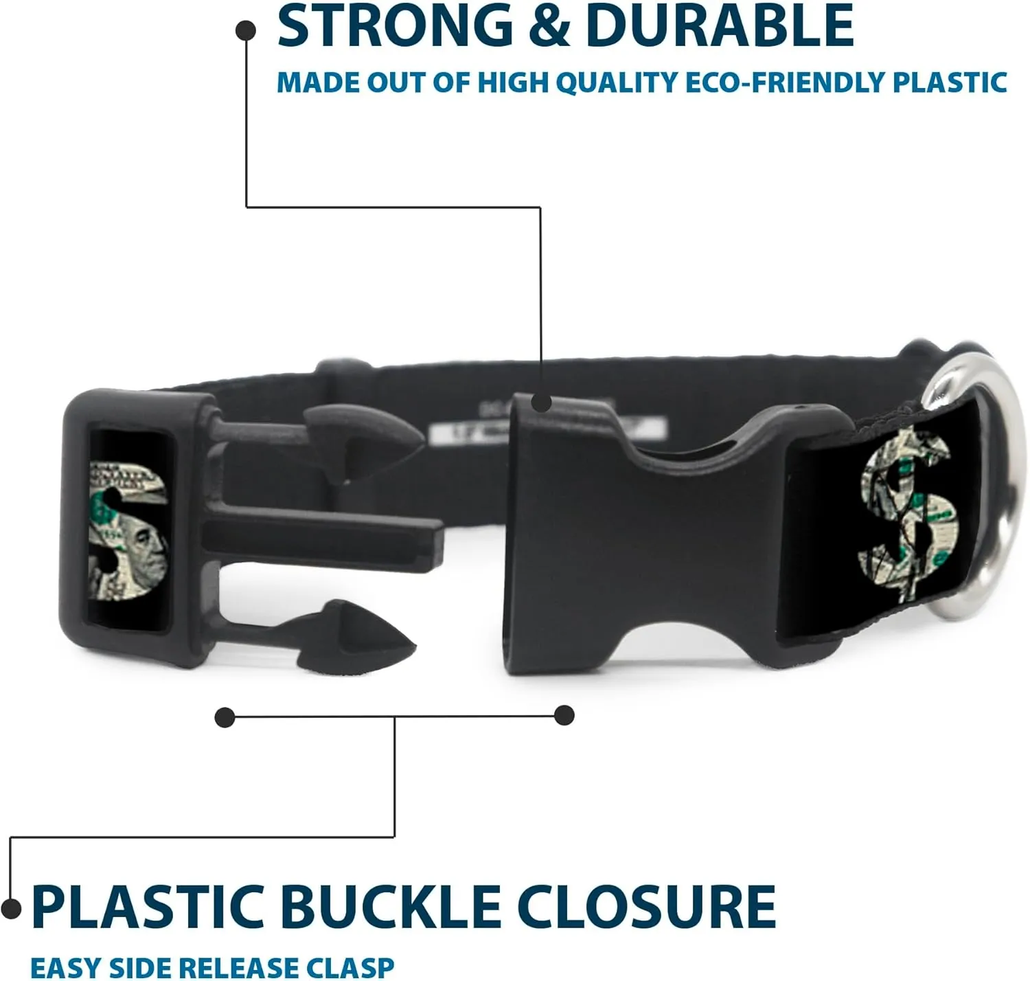 Buckle-Down Plastic Clip Collar - CASH MONEY $ Black/Dollars - 1/2" Wide - Fits 9-15" Neck - Large