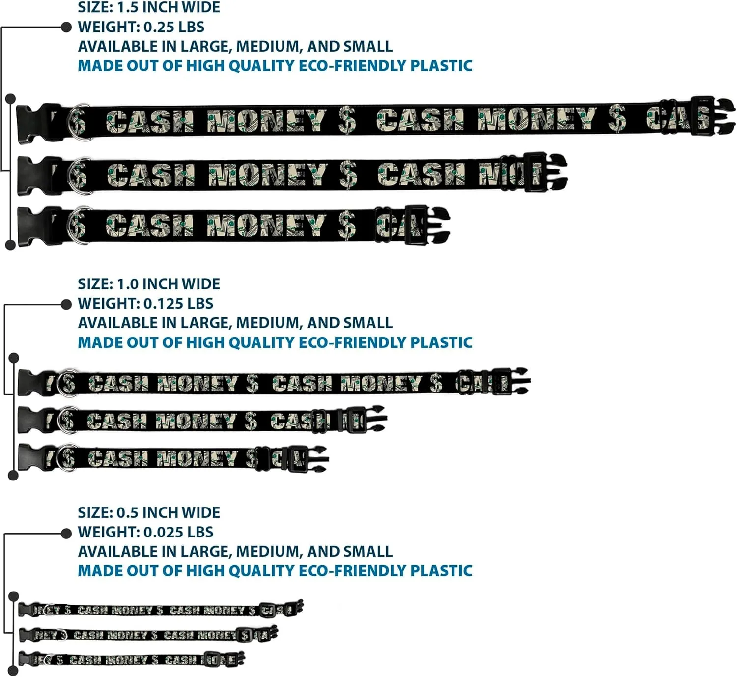 Buckle-Down Plastic Clip Collar - CASH MONEY $ Black/Dollars - 1/2" Wide - Fits 9-15" Neck - Large