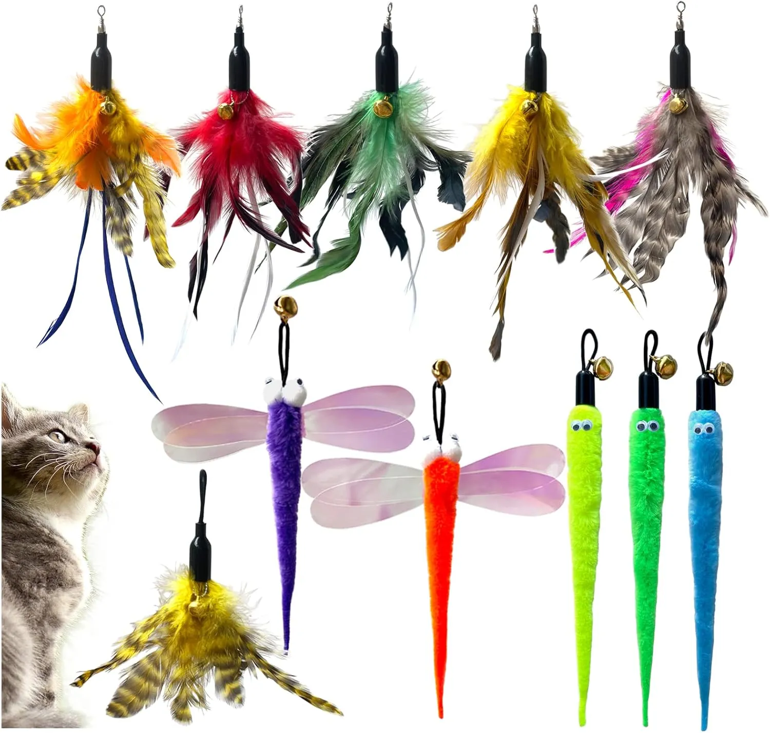 Cat Fishing Pole Attachments Wand Refills - Dragonfly Worm Refill for Indoor Cat Toy (11 Pcs)
