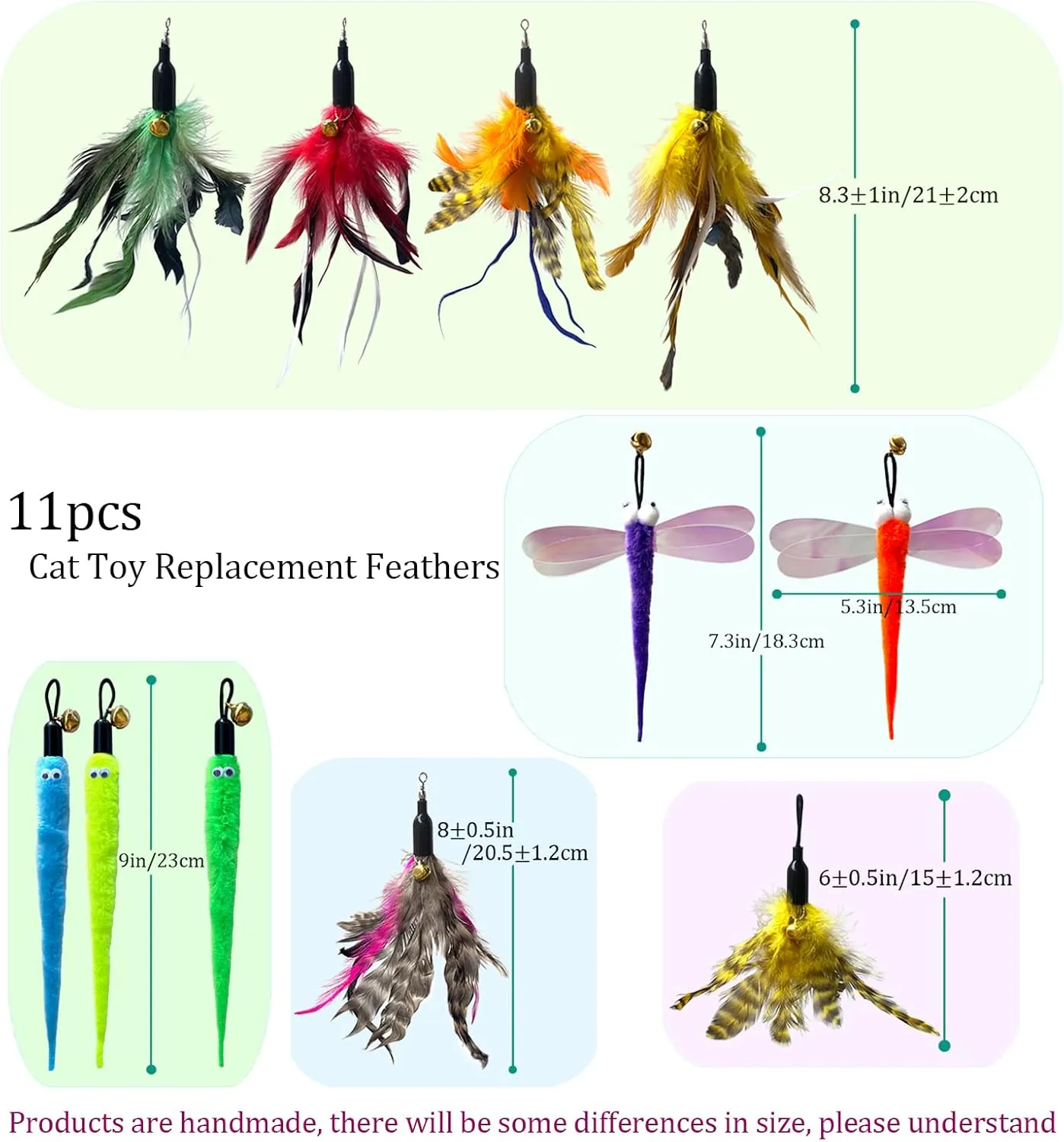Cat Fishing Pole Attachments Wand Refills - Dragonfly Worm Refill for Indoor Cat Toy (11 Pcs)
