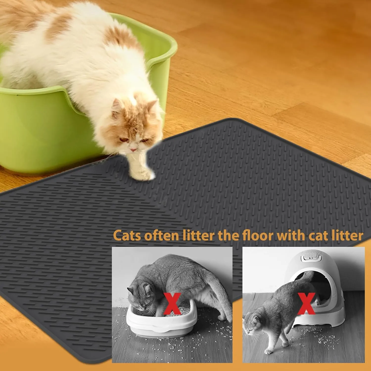 Cat Mat for Litter Box, 28"x20" Cat Litter Mat, Waterproof Litter Trapping Catcher Food Grade Silicone Pad for Floor, Gray