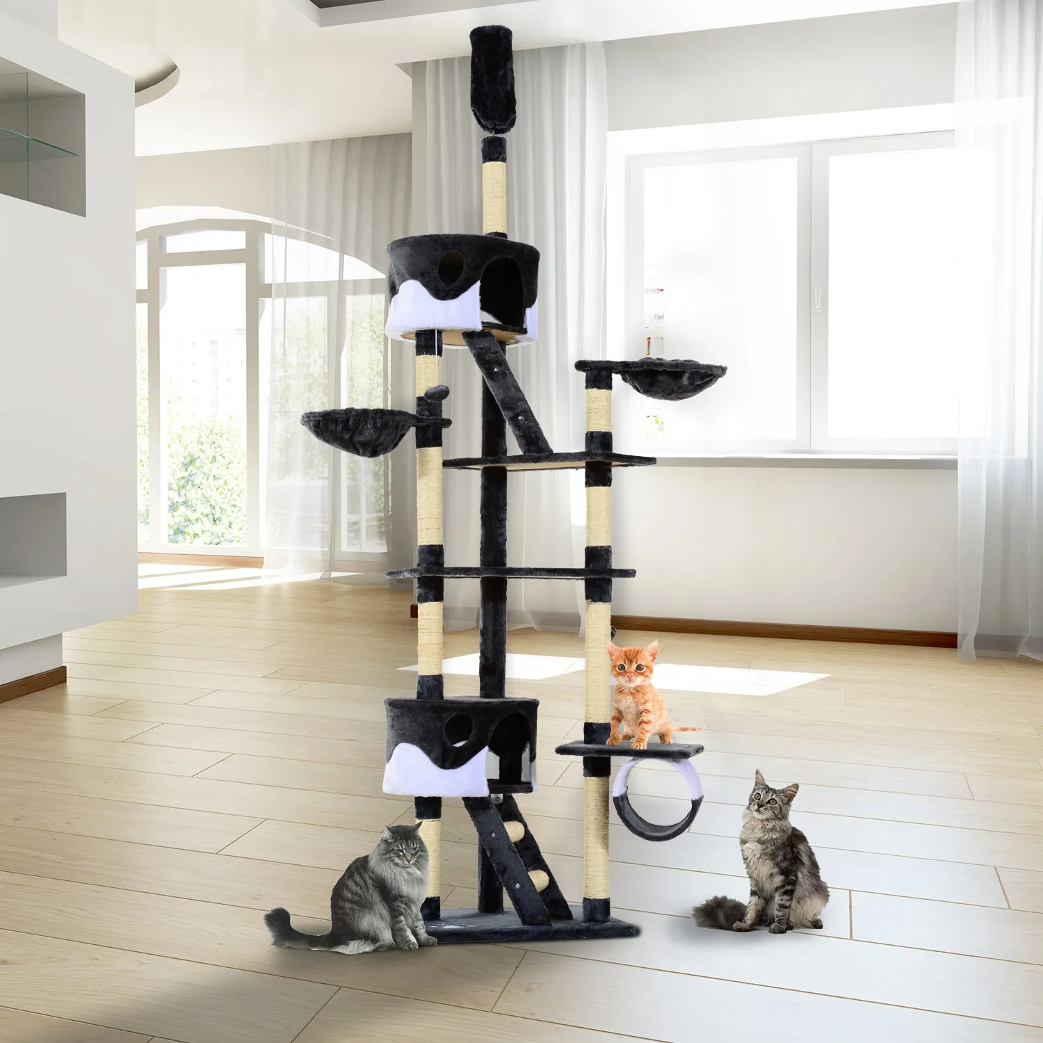 Cat Tree Kitten Condo Fun House Adjustable – Grey & White
