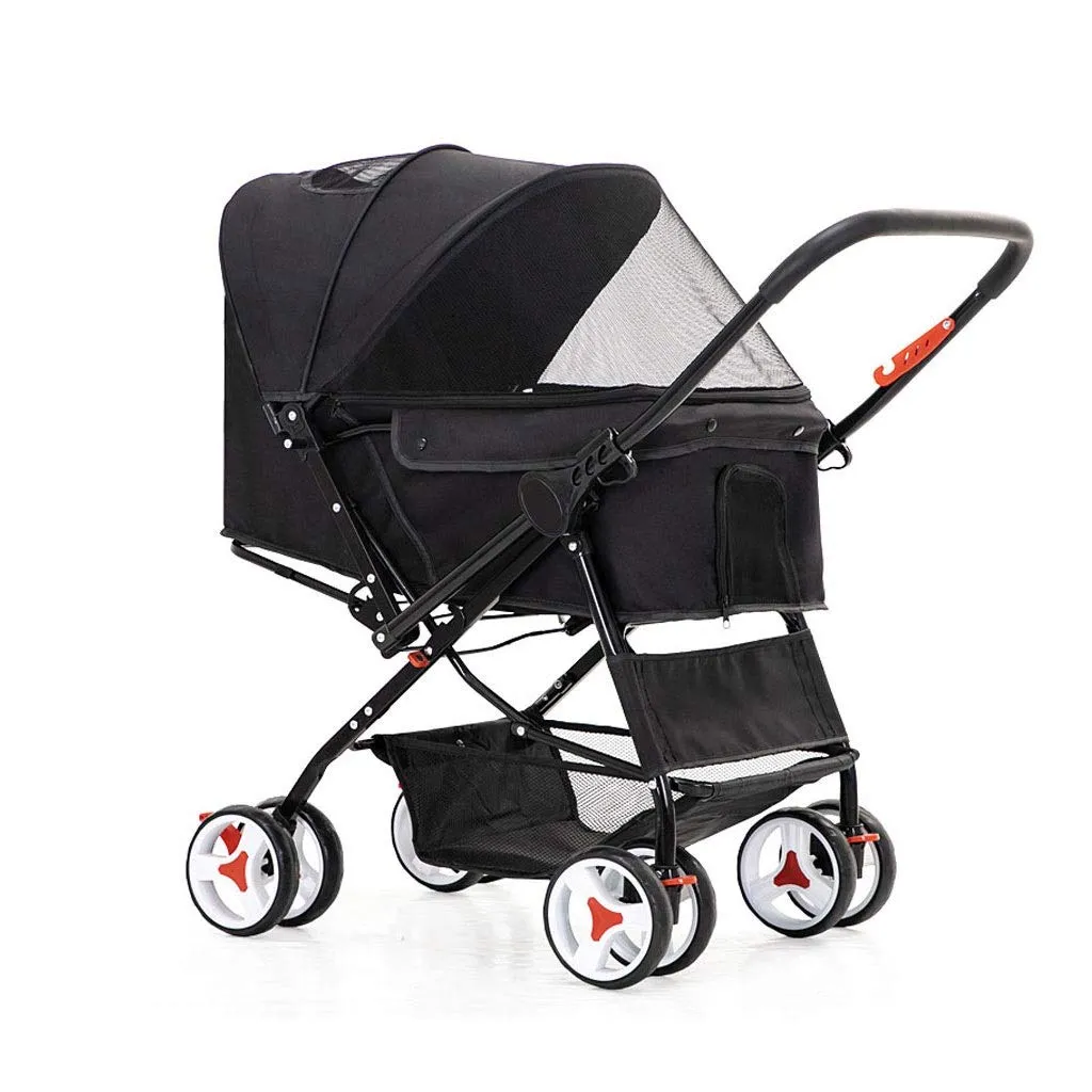 Cat/Dog Pram Stroller Easy One-Hand Fold, 4 Wheel Pet Dog Strollers for Medium Small Dogs Clearance, Reversible Push Handle Pet Stroller Carriage Puppy & Kitten Carrier (Nero)