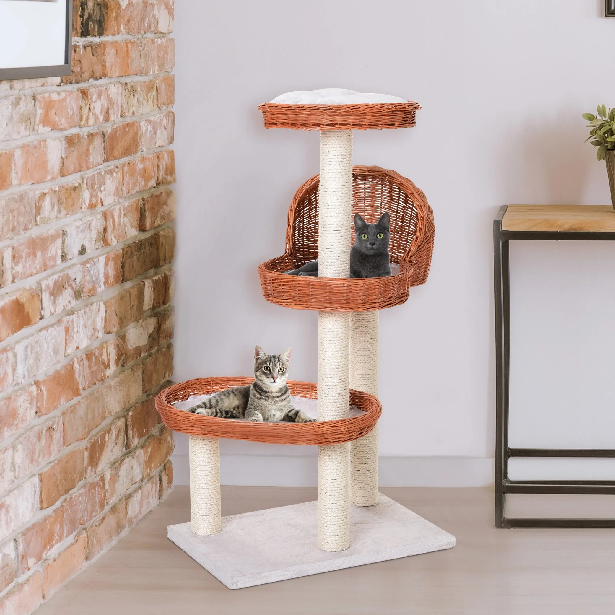 Cats 3-Tier Sisal Rope Scratching Post w/ Wicker Bed Grey