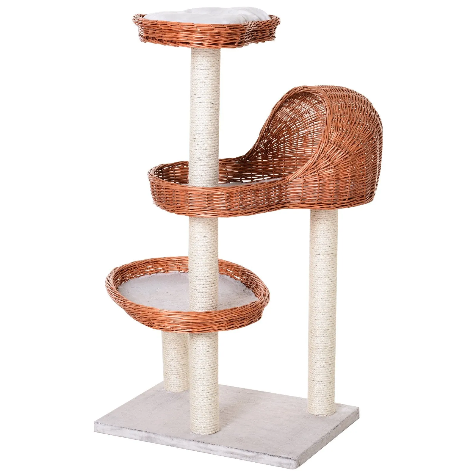 Cats 3-Tier Sisal Rope Scratching Post w/ Wicker Bed Grey