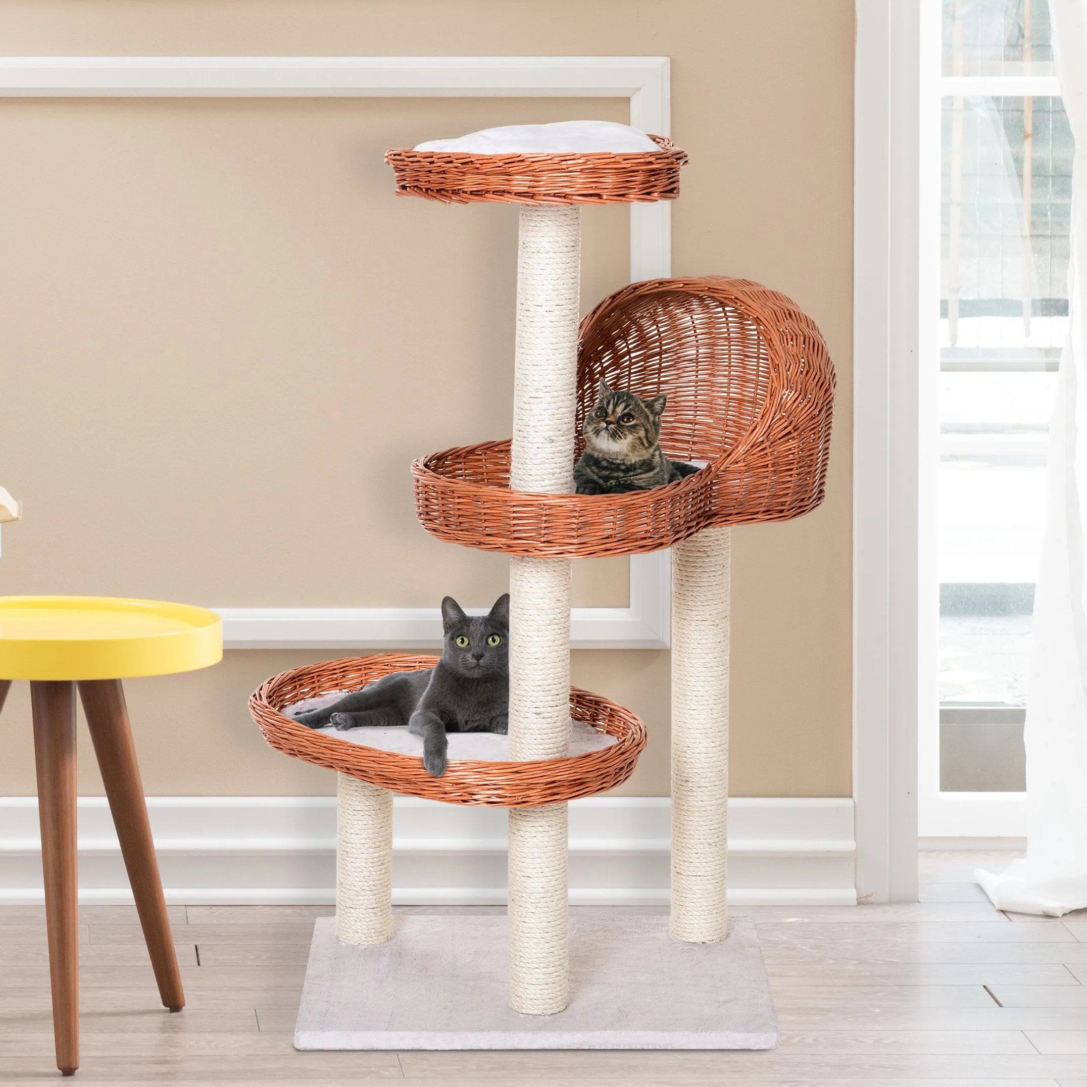 Cats 3-Tier Sisal Rope Scratching Post w/ Wicker Bed Grey