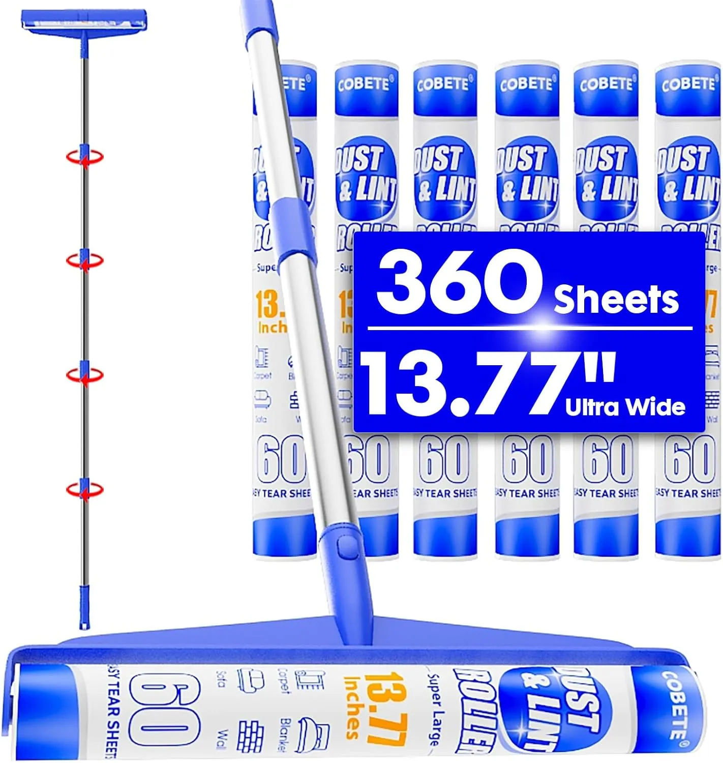 COBETE 13.77" Large Extra Sticky Lint Roller, 69.88" Long Handle Lint Remover with 6 Rollers for Clothes, Cat Dog Pet Hair, Furniture, Couch, Carpet, FloorPainted Wall Cleaner Mop Dust Cleaning