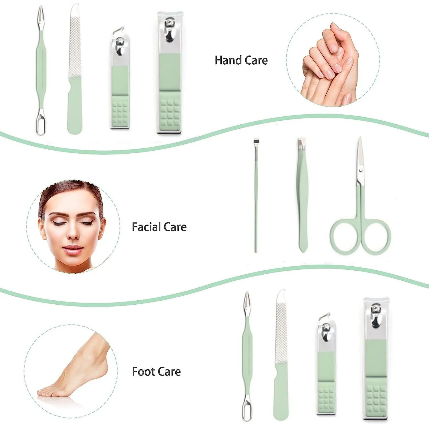 Deluxe 7-Piece Green Manicure & Pedicure Set - Perfect Grooming Gift for All in Portable Case