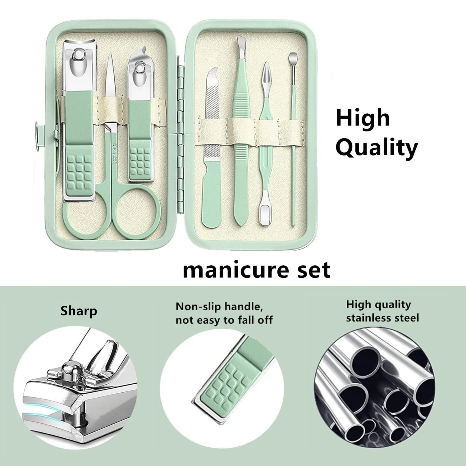 Deluxe 7-Piece Green Manicure & Pedicure Set - Perfect Grooming Gift for All in Portable Case