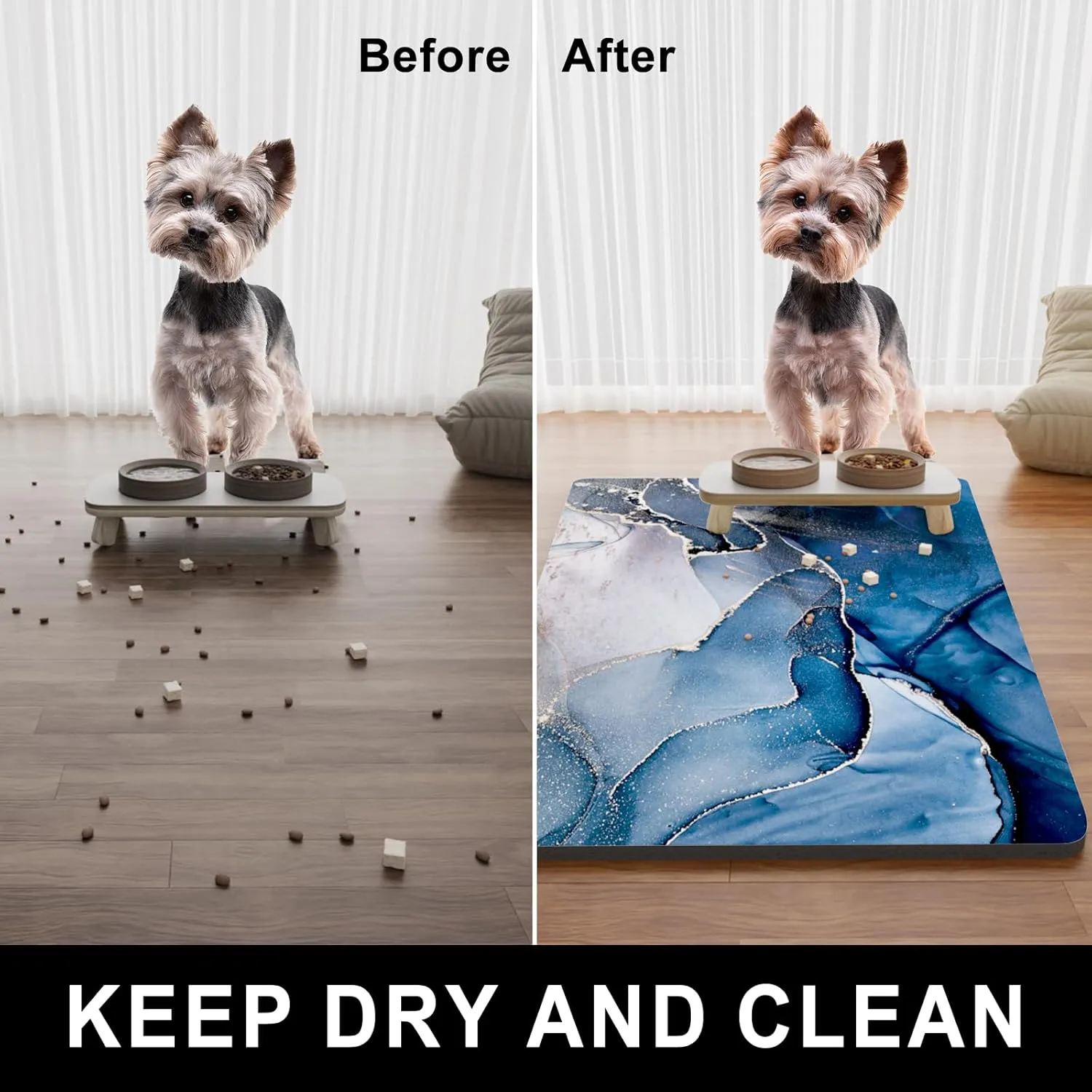 Dog Food Mat, 16" x 24" Marble Absorbent Dog Cat Bowl Mat for Food and Water, Cute Anti-Slip Rubber Pet Feeding Rug Protect Floors, Placemat for Feeding & Watering Supplies, Navy