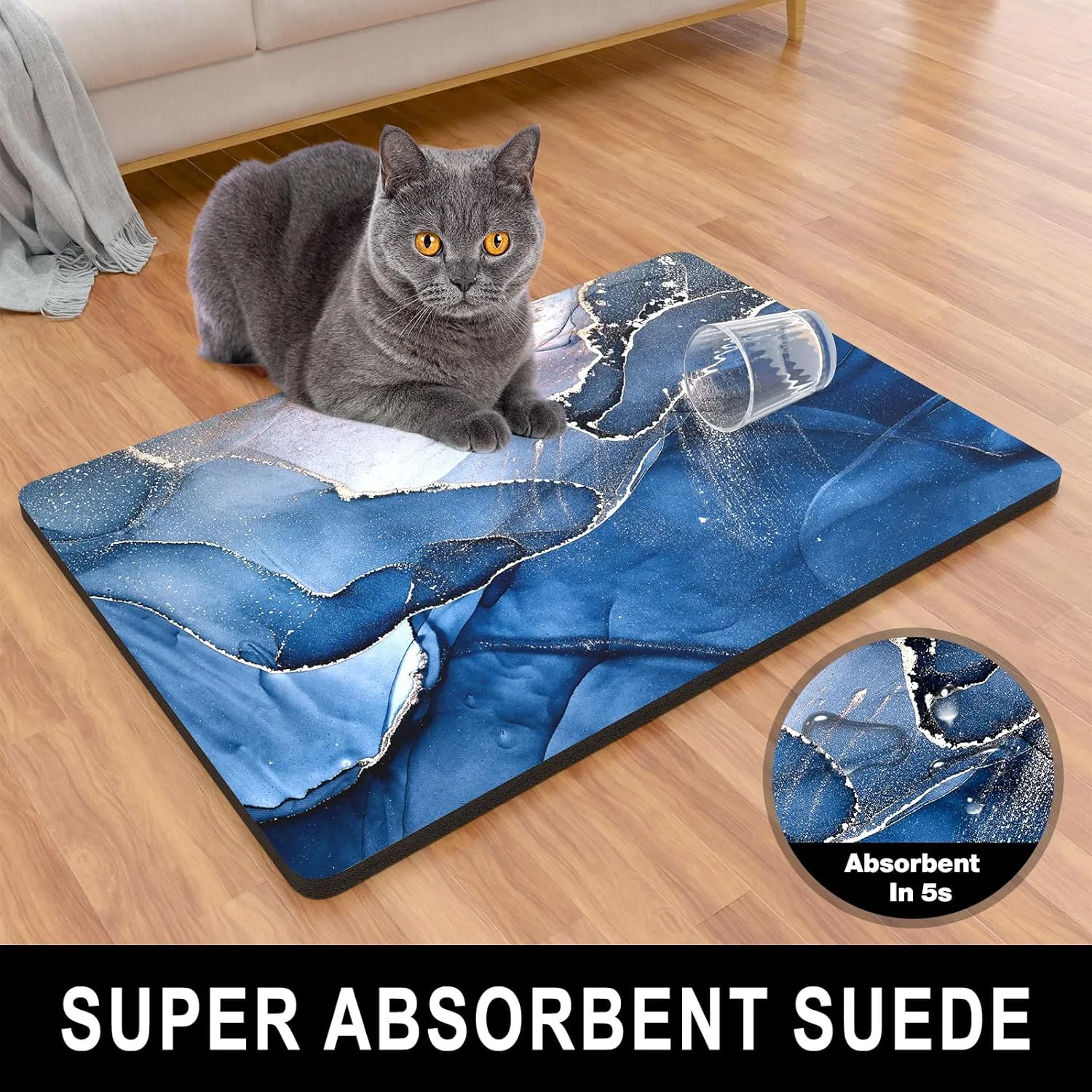 Dog Food Mat, 16" x 24" Marble Absorbent Dog Cat Bowl Mat for Food and Water, Cute Anti-Slip Rubber Pet Feeding Rug Protect Floors, Placemat for Feeding & Watering Supplies, Navy
