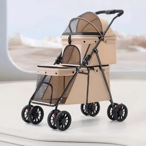 Double Pet StrollerTravel Carrier Strolling Cart,Lightweight Waterproof Folding Dog Stroller,Holder for Small Medium Dogs Cats(Brass)
