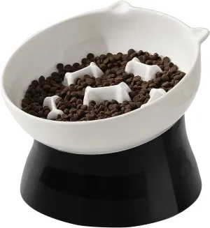 Elevated Slow Feeder Cat Bowl - Raised Tilted Ceramic Cat Food Dish - Wide, Whisker Friendly, Anti-Vomiting - Dishwasher & Microwave Safe - 6 Inch