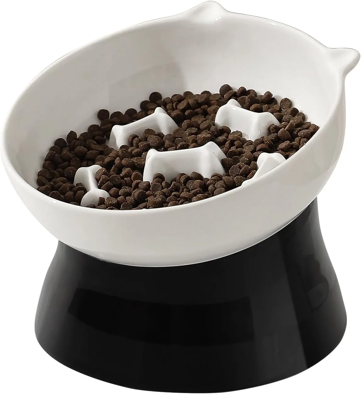 Elevated Slow Feeder Cat Bowl - Raised Tilted Ceramic Cat Food Dish - Wide, Whisker Friendly, Anti-Vomiting - Dishwasher & Microwave Safe - 6 Inch