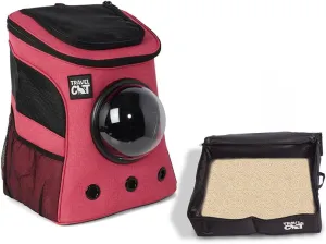 Fat Cat Deep Rose Pink Backpack Carrier with Space Capsule Bubble & Portable Collapsible Litter Box  Stylish Cat Travel Set for Small Cats and Kittens, Ideal for Outdoor Adventures and Travel