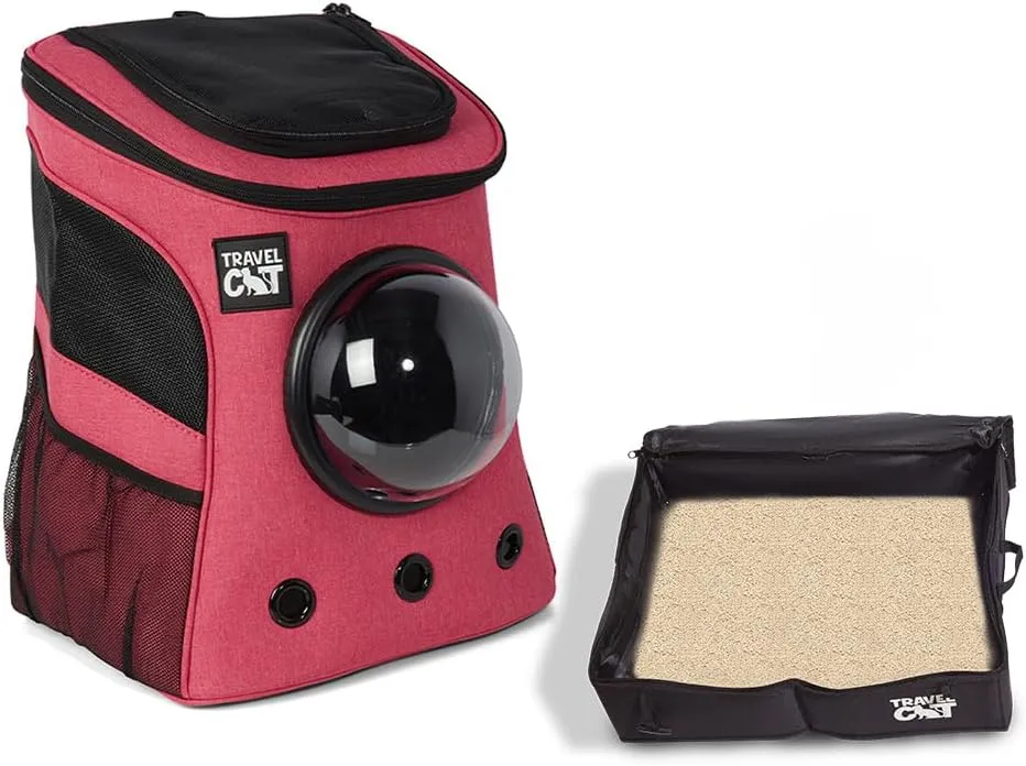 Fat Cat Deep Rose Pink Backpack Carrier with Space Capsule Bubble & Portable Collapsible Litter Box  Stylish Cat Travel Set for Small Cats and Kittens, Ideal for Outdoor Adventures and Travel