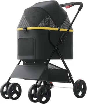 Folding pet Stroller for Dogs and Cats,Lightweight Push cart Large Cabin,Buckle Closure Canopy with mesh Window,4 Wheels pet pram Trolley with Swivel Front Wheel,Rear Wheel with Brakes