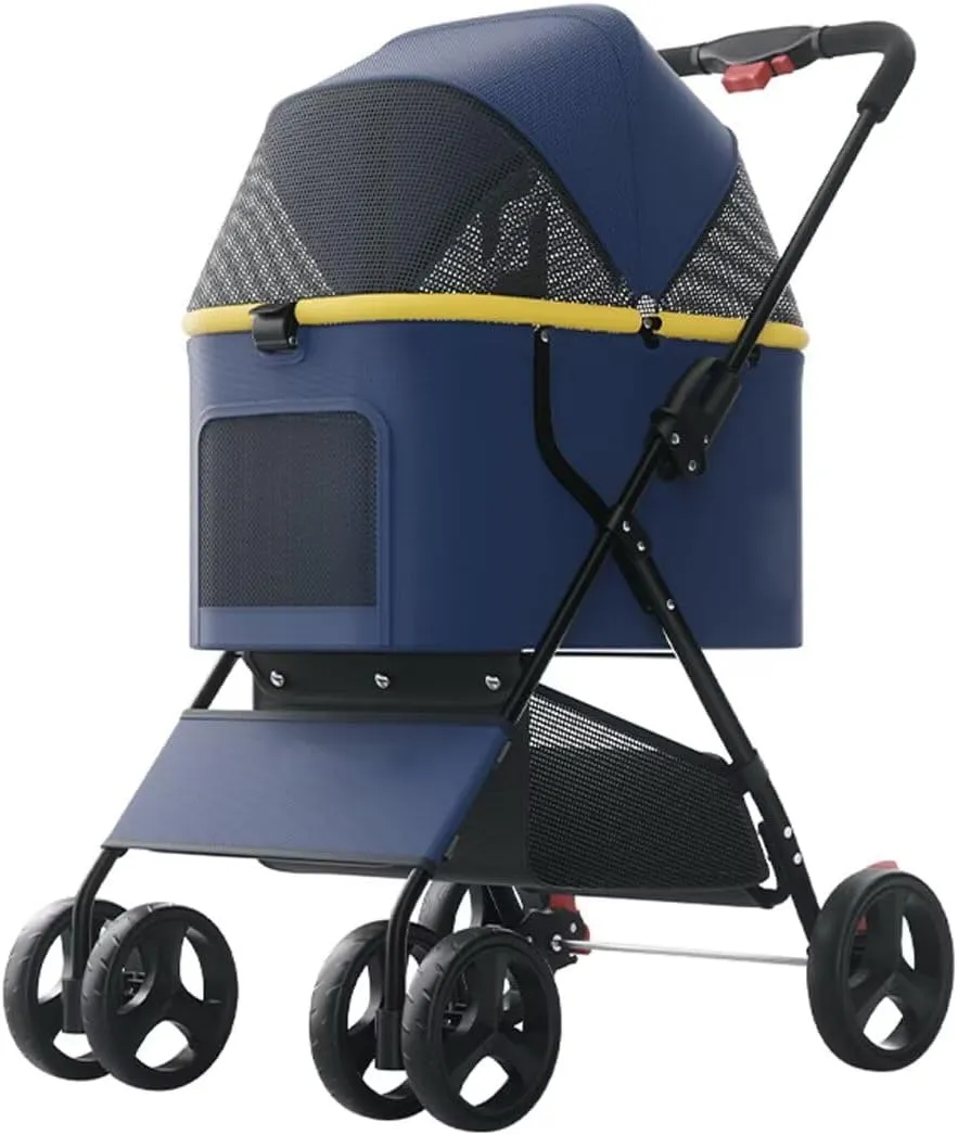 Folding pet Stroller for Dogs and Cats,Lightweight Push cart Large Cabin,Buckle Closure Canopy with mesh Window,4 Wheels pet pram Trolley with Swivel Front Wheel,Rear Wheel with Brakes