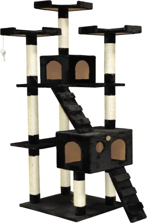 Go Pet Club 72" Tall Cat Tree Tower with Cat Condos - Large Cat Tree - Cat Tower for Indoor Cats - Play Scratch Hide Climb Activity Furniture with Toy - Black