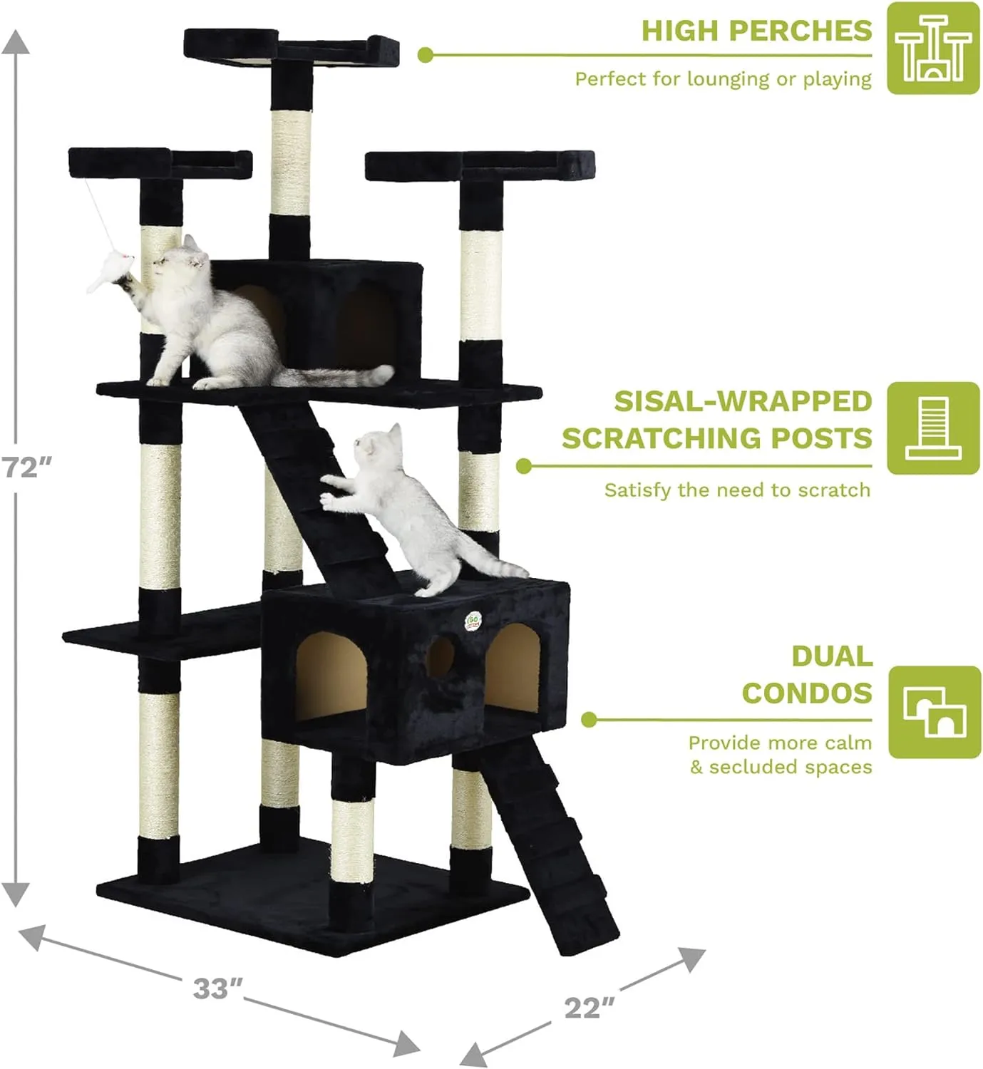 Go Pet Club 72" Tall Cat Tree Tower with Cat Condos - Large Cat Tree - Cat Tower for Indoor Cats - Play Scratch Hide Climb Activity Furniture with Toy - Black
