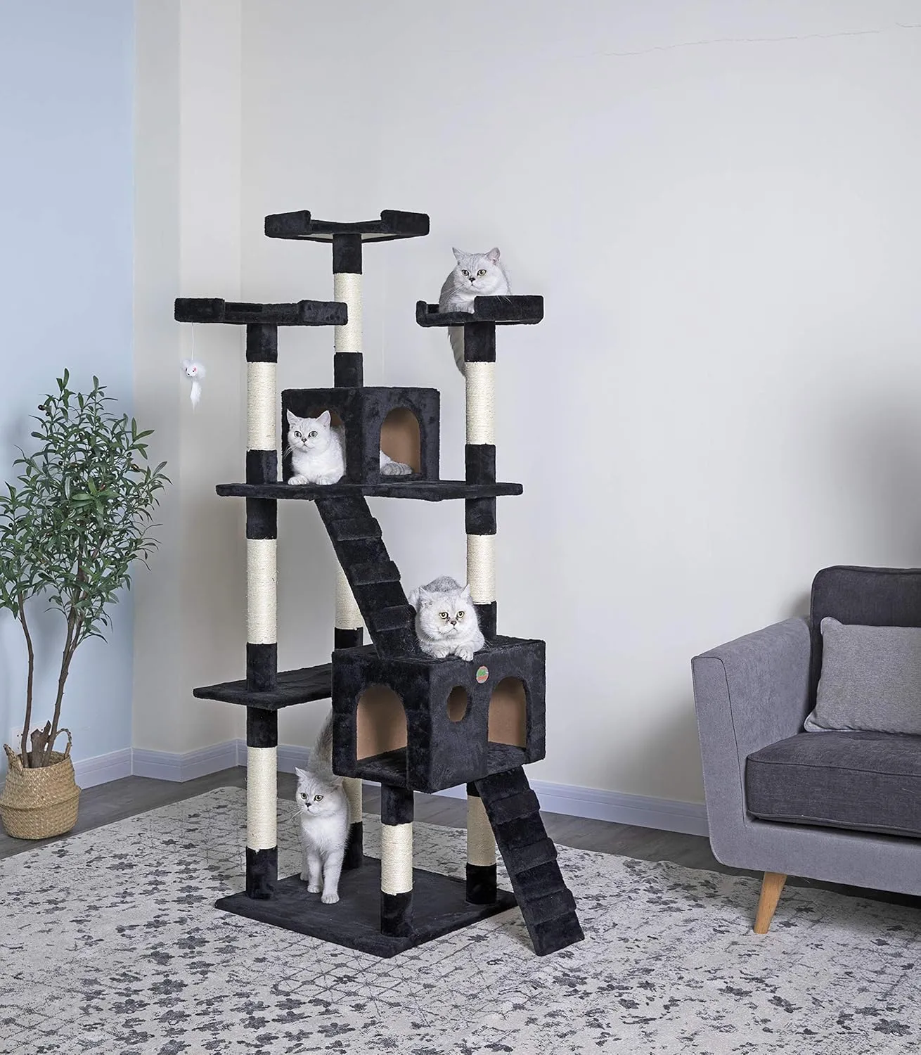 Go Pet Club 72" Tall Cat Tree Tower with Cat Condos - Large Cat Tree - Cat Tower for Indoor Cats - Play Scratch Hide Climb Activity Furniture with Toy - Black