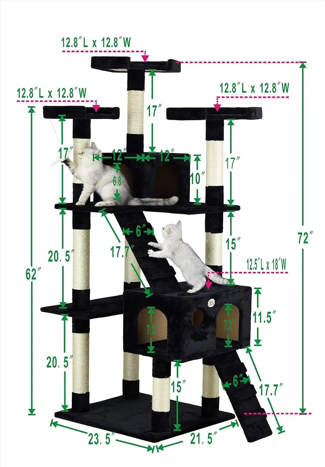 Go Pet Club 72" Tall Cat Tree Tower with Cat Condos - Large Cat Tree - Cat Tower for Indoor Cats - Play Scratch Hide Climb Activity Furniture with Toy - Black
