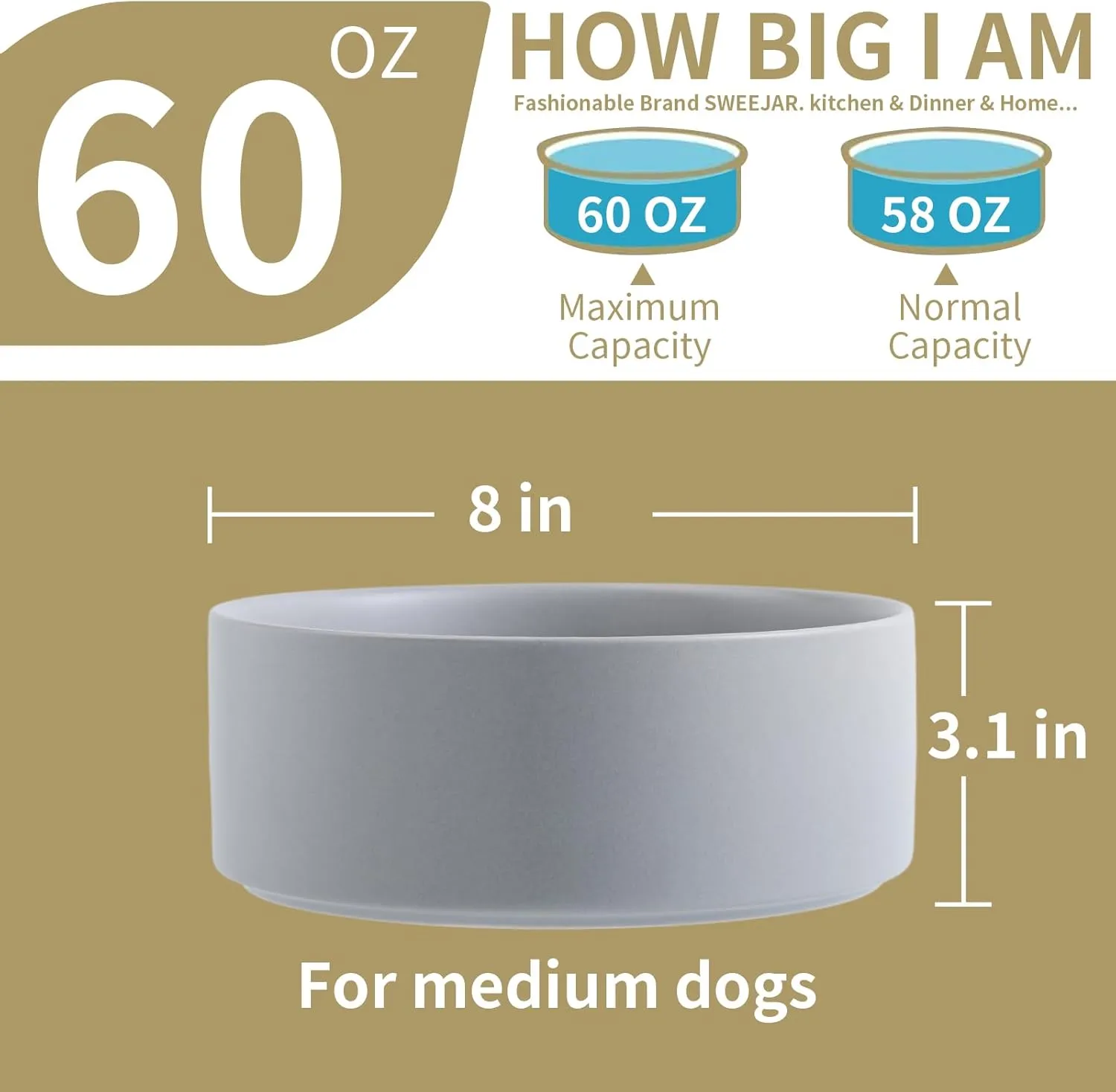Grey 8 in Dog Bowl Ceramic for Medium Large Sized Breed,Retrievers,7.6 Cups Non Slip Heavy Wighted Dog Food Water Dish,Durable Big Pet Bowl