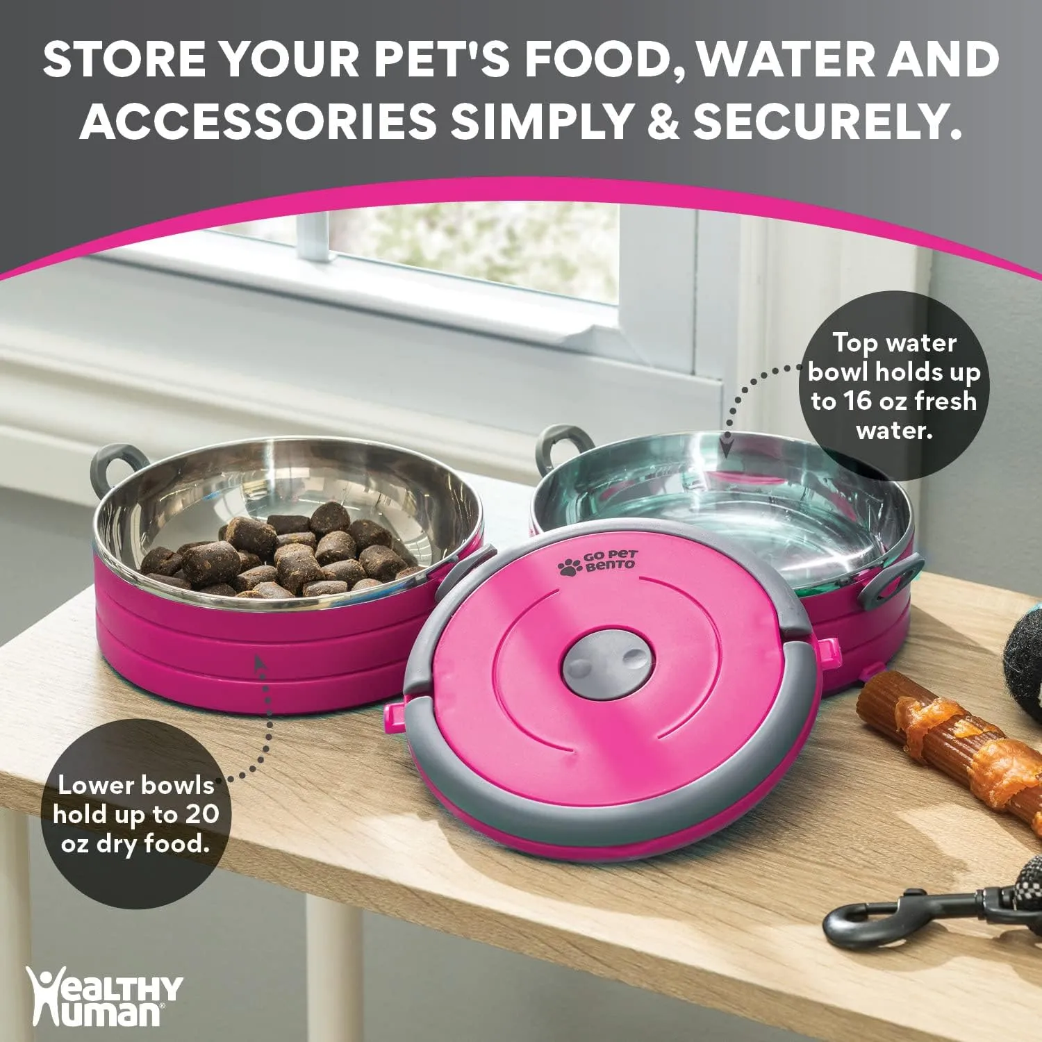 Healthy Human Travel Pet Bento Bowls - Human-Grade Stainless Steel & BPA-Free, Leak-Proof Water & Food Container Set for Dogs & Cats, 2-Pack Interlocking Bowls, Includes Spare Clips & Handle (Pink)