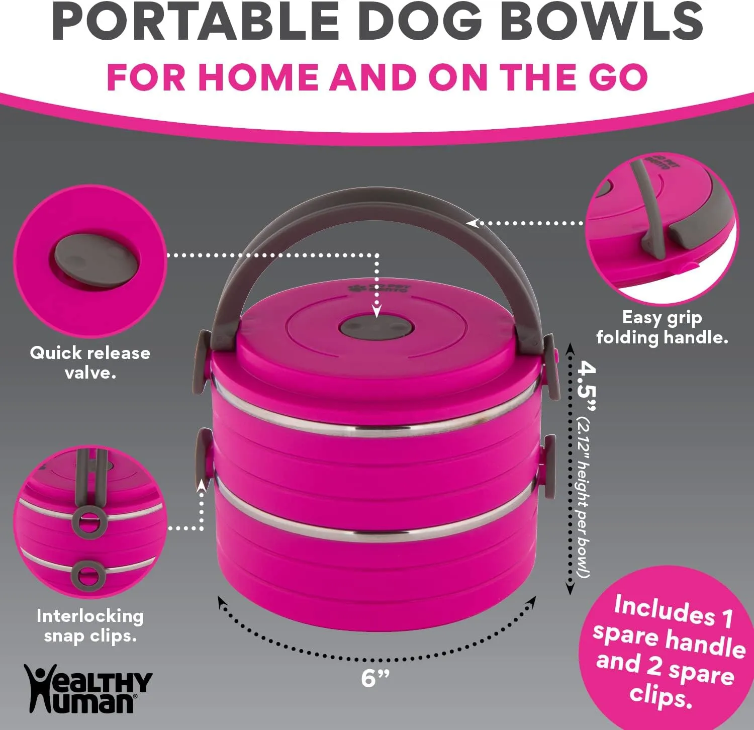Healthy Human Travel Pet Bento Bowls - Human-Grade Stainless Steel & BPA-Free, Leak-Proof Water & Food Container Set for Dogs & Cats, 2-Pack Interlocking Bowls, Includes Spare Clips & Handle (Pink)