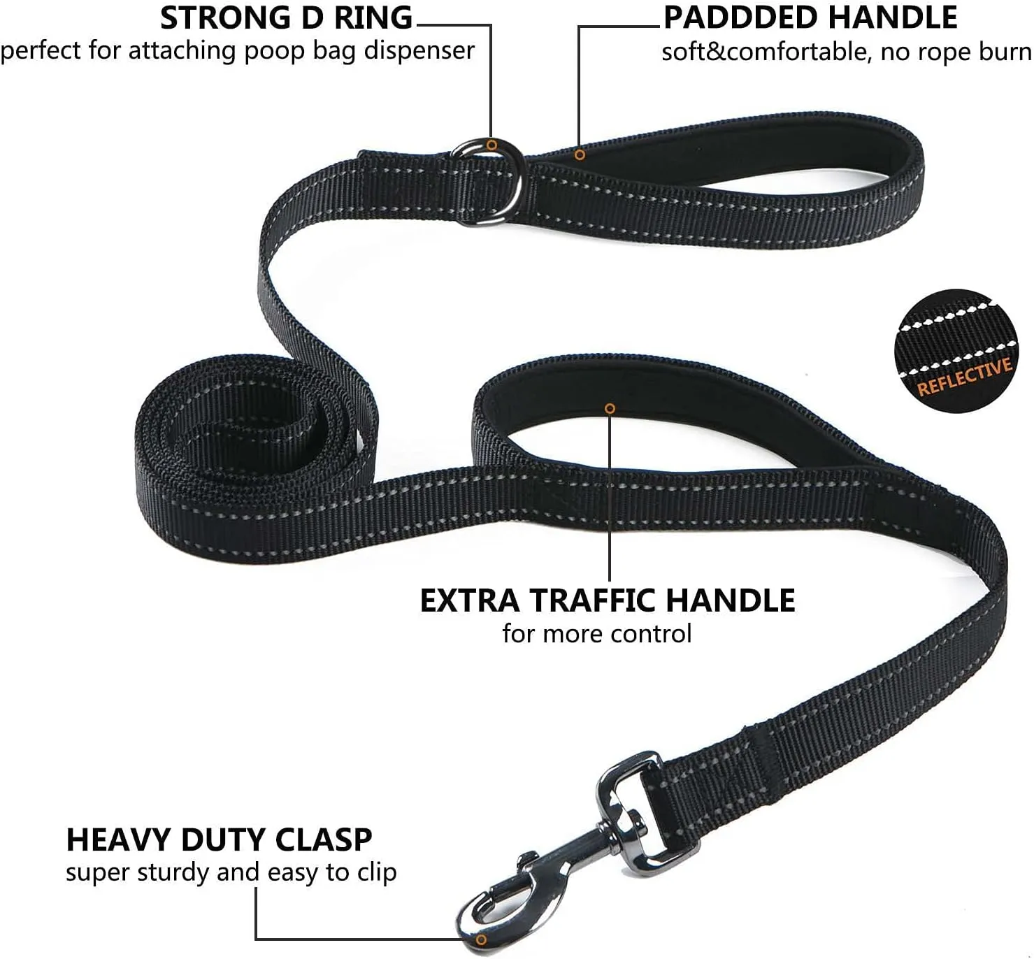 Heavy Duty Dog Leash for Medium to Large Dogs with Two Padded Handles 5FT, Double Handle Dog Leash (Black, 5 FT x 1" Wide)