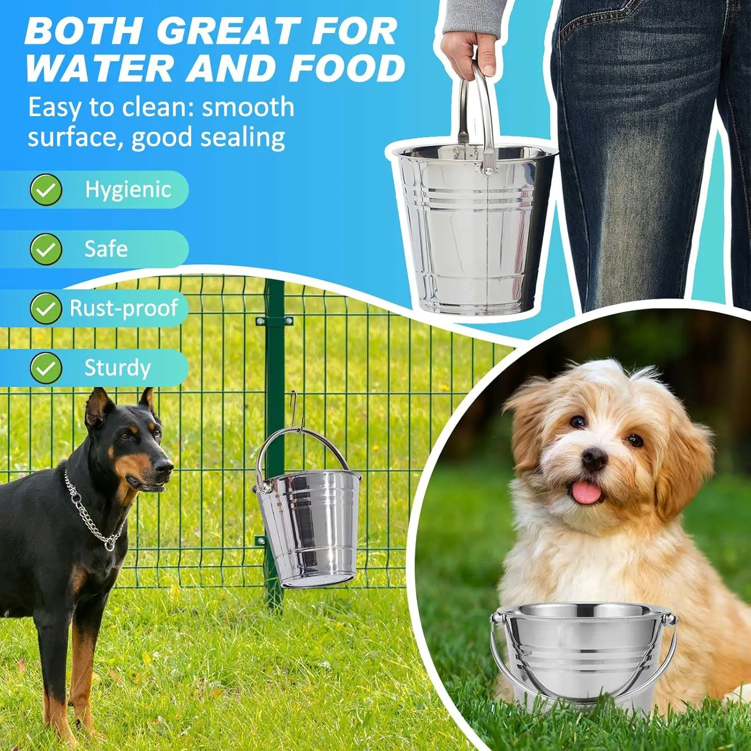 Hicarer 6 Pcs Dog Water Bucket, Heavy Duty Stainless Steel Pails for Pets, Kennels, Farms, Fences, Cages (2.1 Quart)
