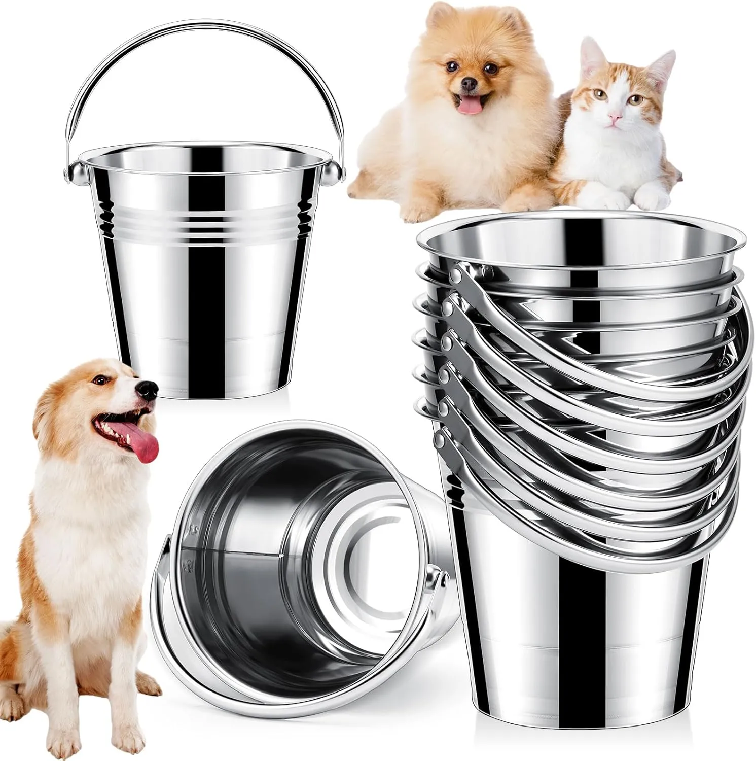 Hicarer 6 Pcs Dog Water Bucket, Heavy Duty Stainless Steel Pails for Pets, Kennels, Farms, Fences, Cages (2.1 Quart)