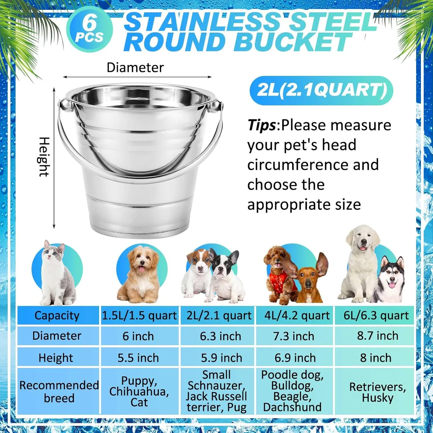 Hicarer 6 Pcs Dog Water Bucket, Heavy Duty Stainless Steel Pails for Pets, Kennels, Farms, Fences, Cages (2.1 Quart)