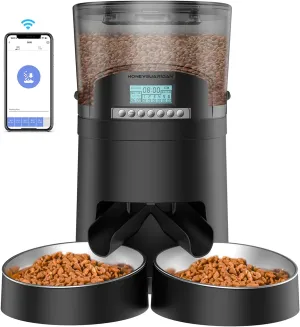 HoneyGuaridan 4.5L Automatic Cat Feeder for 2 Cats,Wi-Fi Smart Pet Feeder,Timer Cat Food Dispenser for Cats & Dogs, APP Control,Desiccant, Voice Recorder,Stainless Steel Bowl (Black)