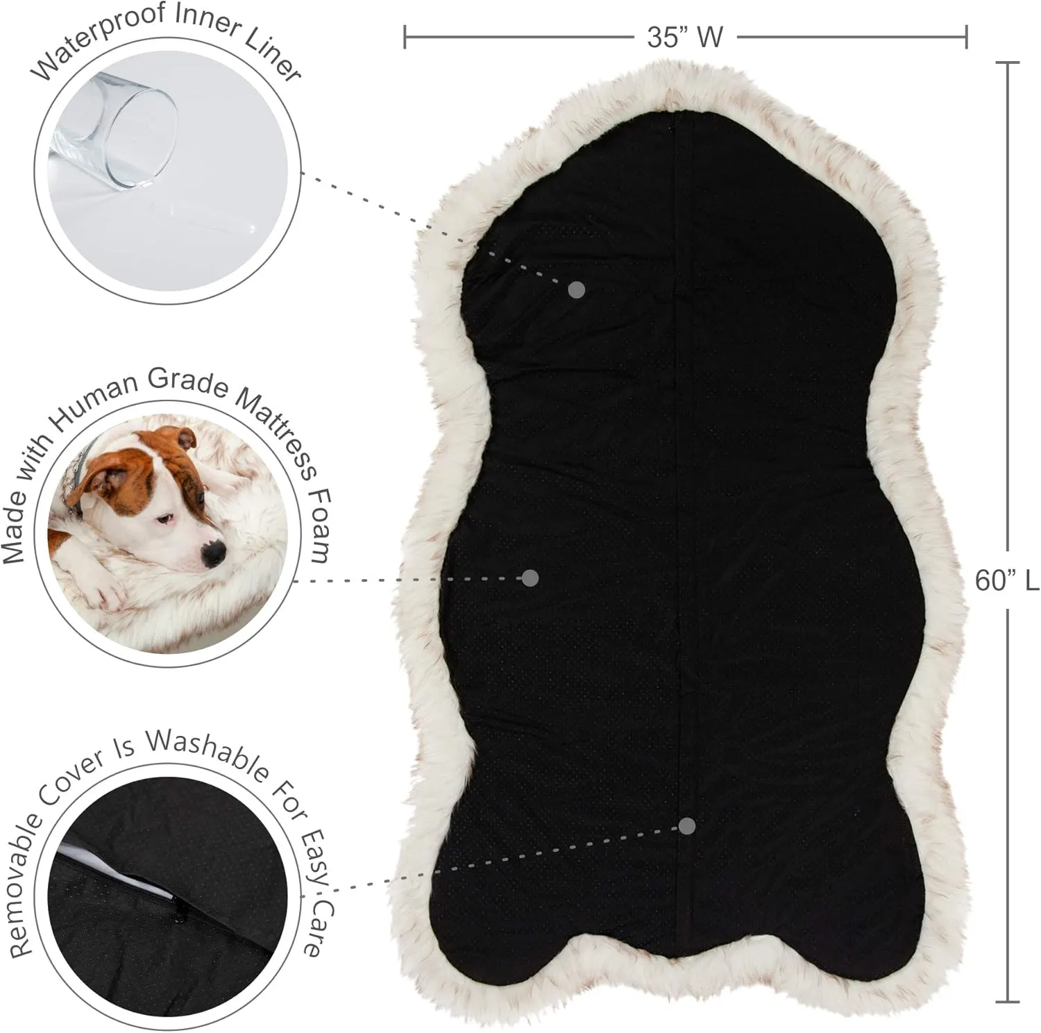 IHAPPYDOG Luxury Faux Fur Orthopedic Dog Bed, Memory Foam Dog Bed for Small, Medium, Large and XL Pets, Fluffy Pet Rug with Waterproof and Washable Cover, White, Giant 60x35