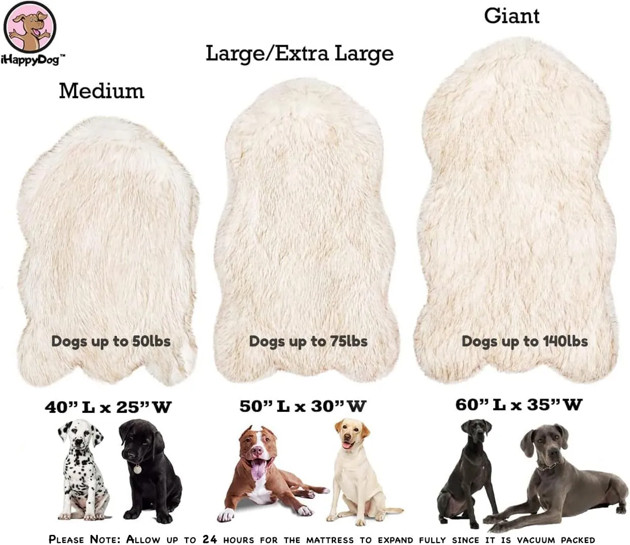 IHAPPYDOG Luxury Faux Fur Orthopedic Dog Bed, Memory Foam Dog Bed for Small, Medium, Large and XL Pets, Fluffy Pet Rug with Waterproof and Washable Cover, White, Giant 60x35