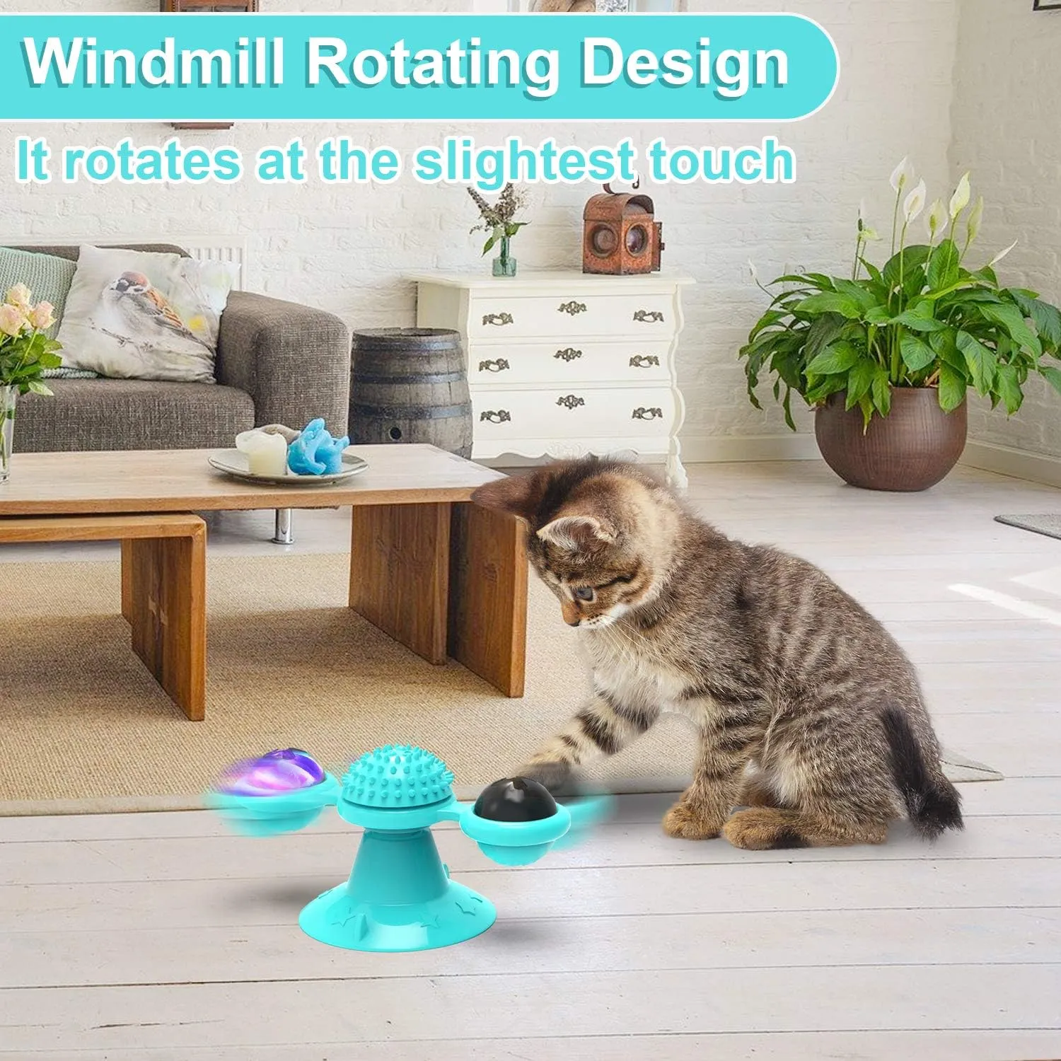 Interactive Windmill Cat Toys with LED Light Ball Suction Cup Catnip Toy for Cat Exercise (Pink)